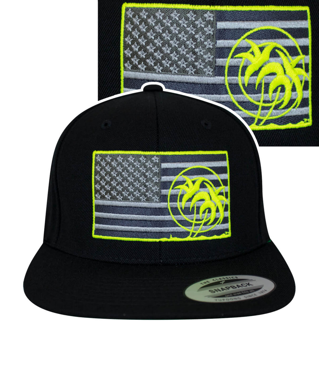 Strong - Neon Black Snapback Hat featuring American flag and neon palm tree design embroidered.