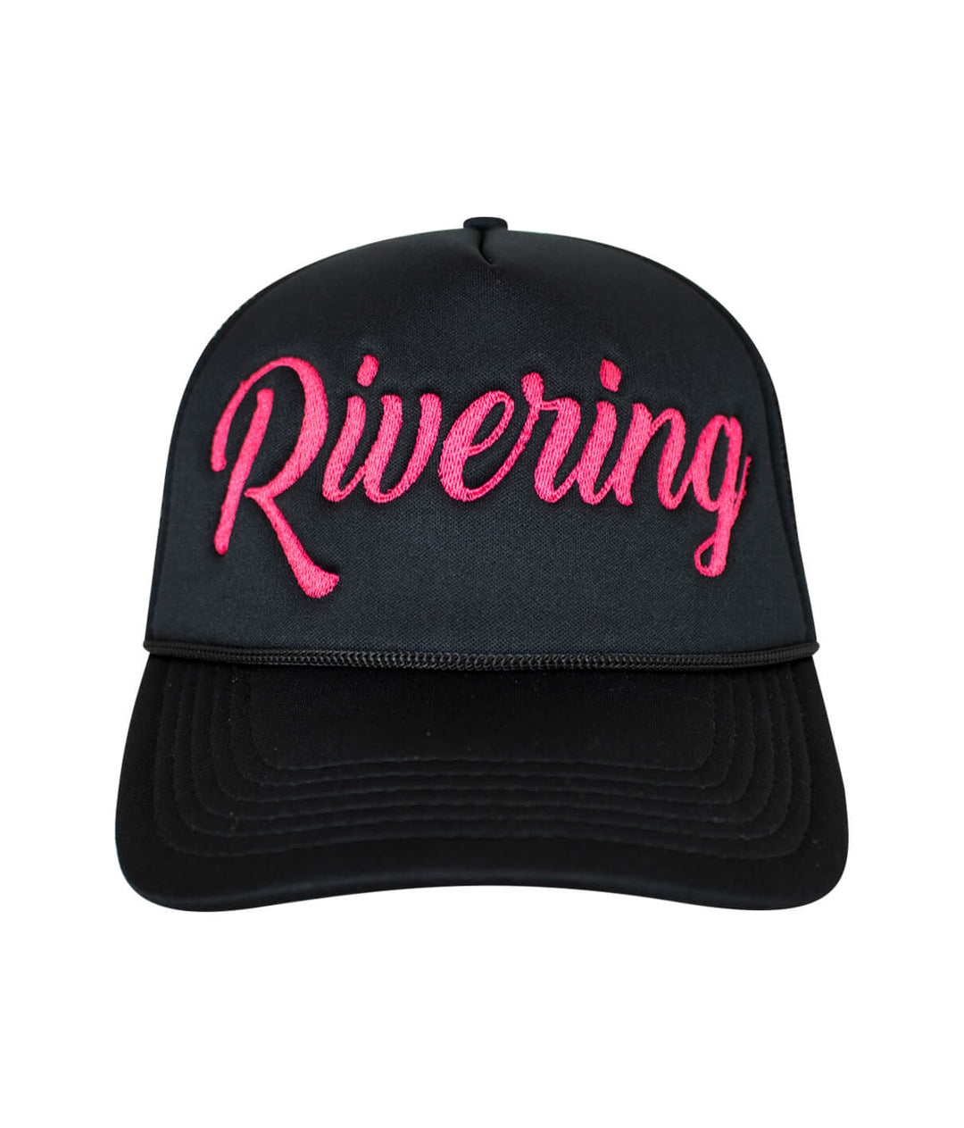 Rivering Foam Trucker Hat with pink embroidery, perfect for river outings and outdoor adventures.