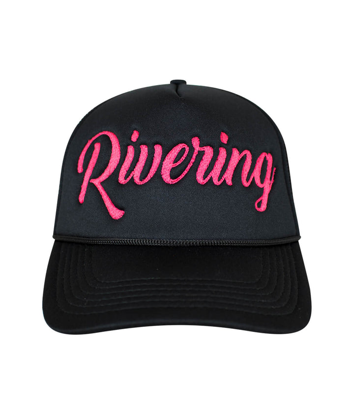 Rivering Foam Trucker Hat with pink embroidery, perfect for river outings and outdoor adventures.