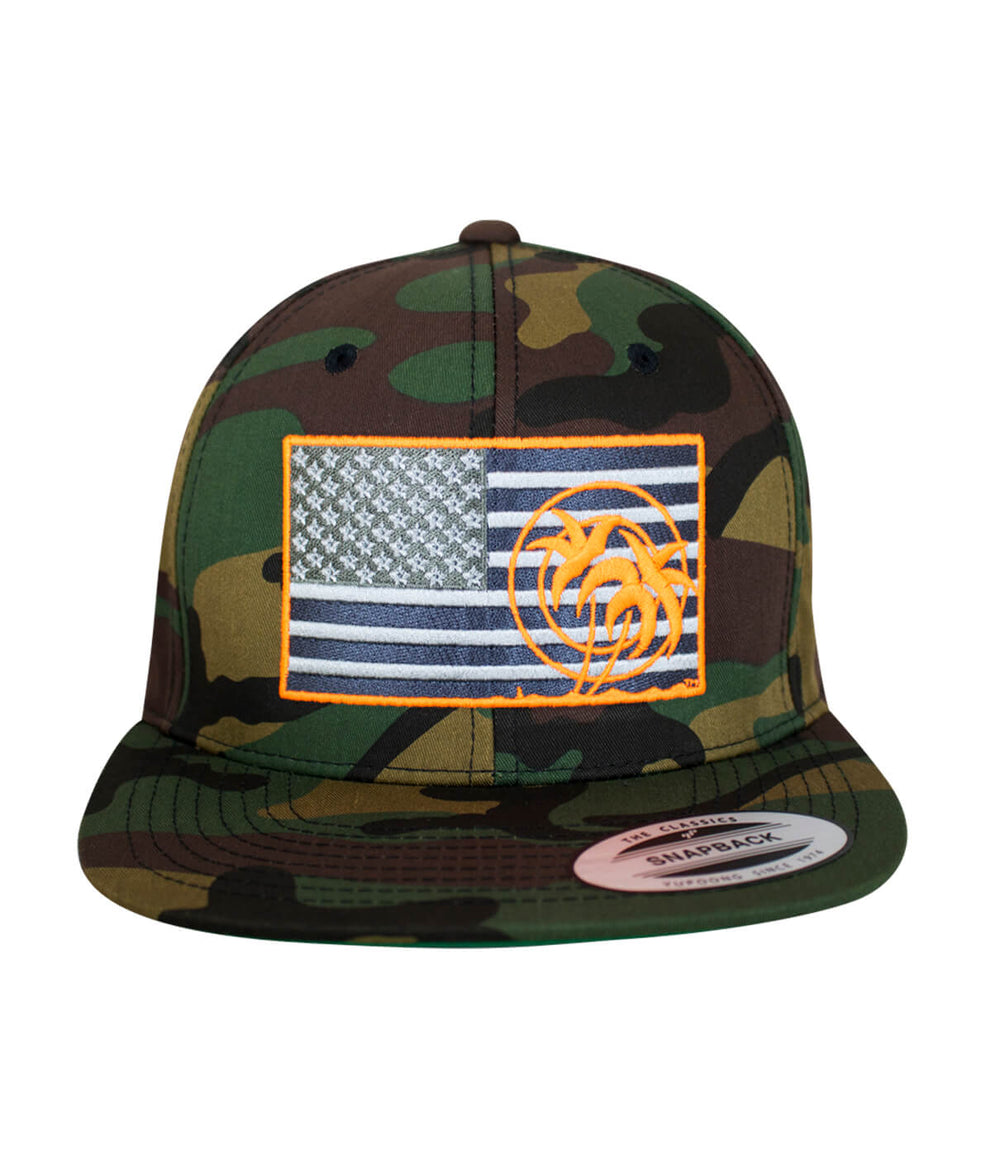 Strong Camo Snapback Hat featuring embroidered design with American flag and NICERIDE logo.