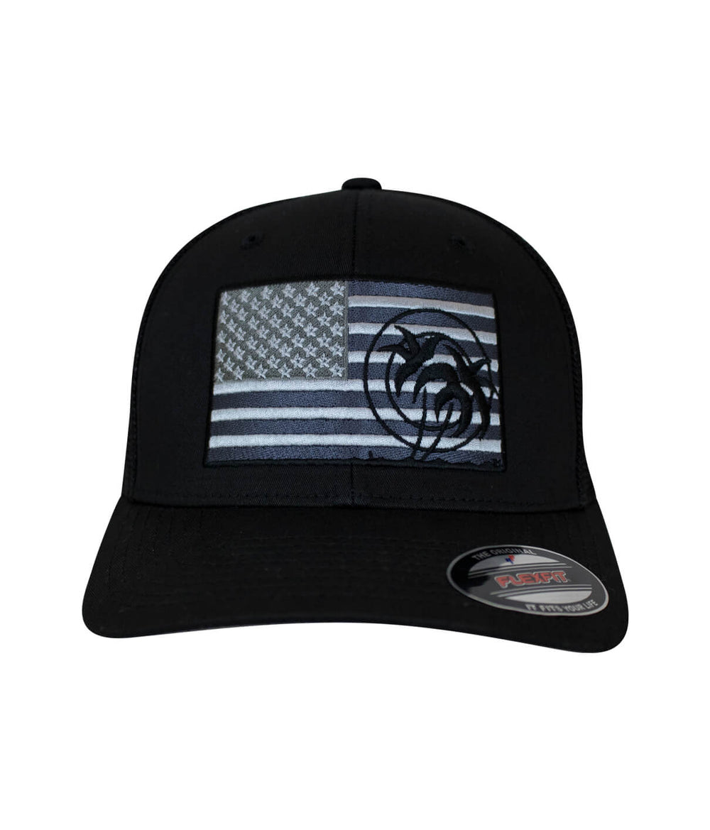 Strong Meshback Flexfit Hat featuring embroidered American flag and NICERIDE logo.