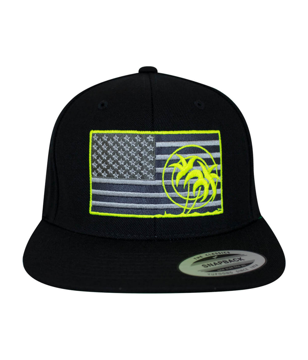 Strong - Neon black snapback hat featuring American flag design with neon accents and palm trees.