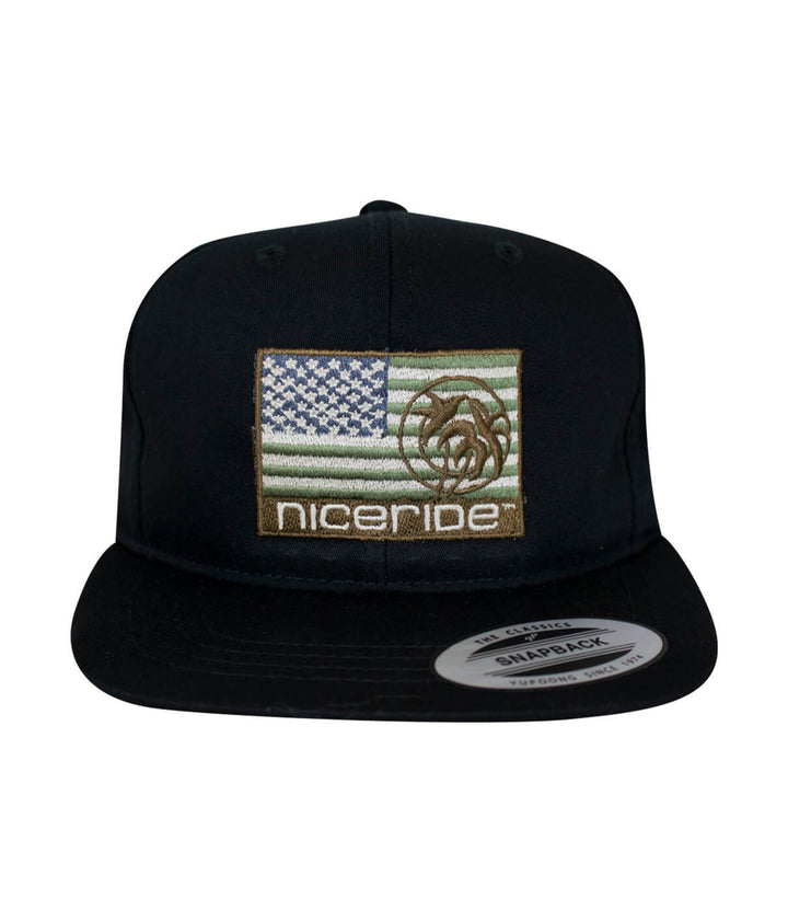Strong Camo YOUTH HAT with American flag and NICERIDE logo embroidered on the front.