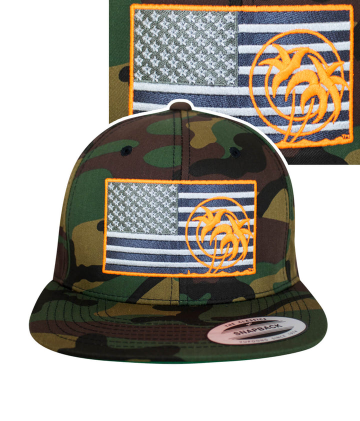 Strong Camo Snapback Hat featuring unique flag design and palm tree emblem, perfect for stylish outdoor wear.