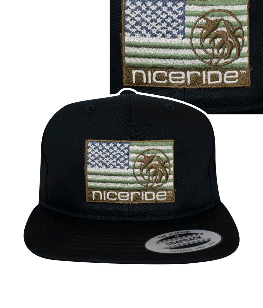 Classic snapback youth hat featuring NICERIDE logo and American flag embroidery.