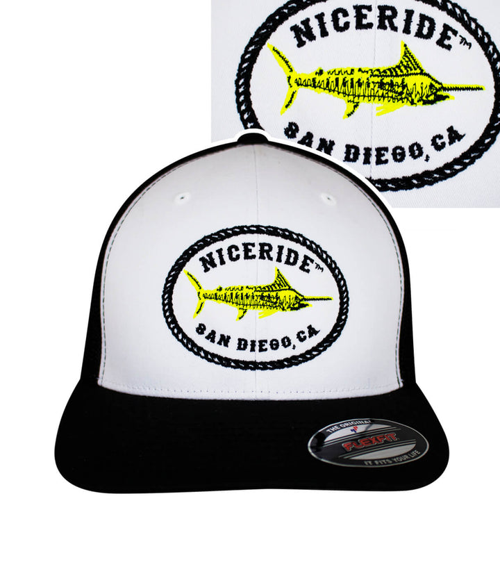 Reeling it In Meshback Flexfit hat featuring NICERIDE design embroidered on front and back.