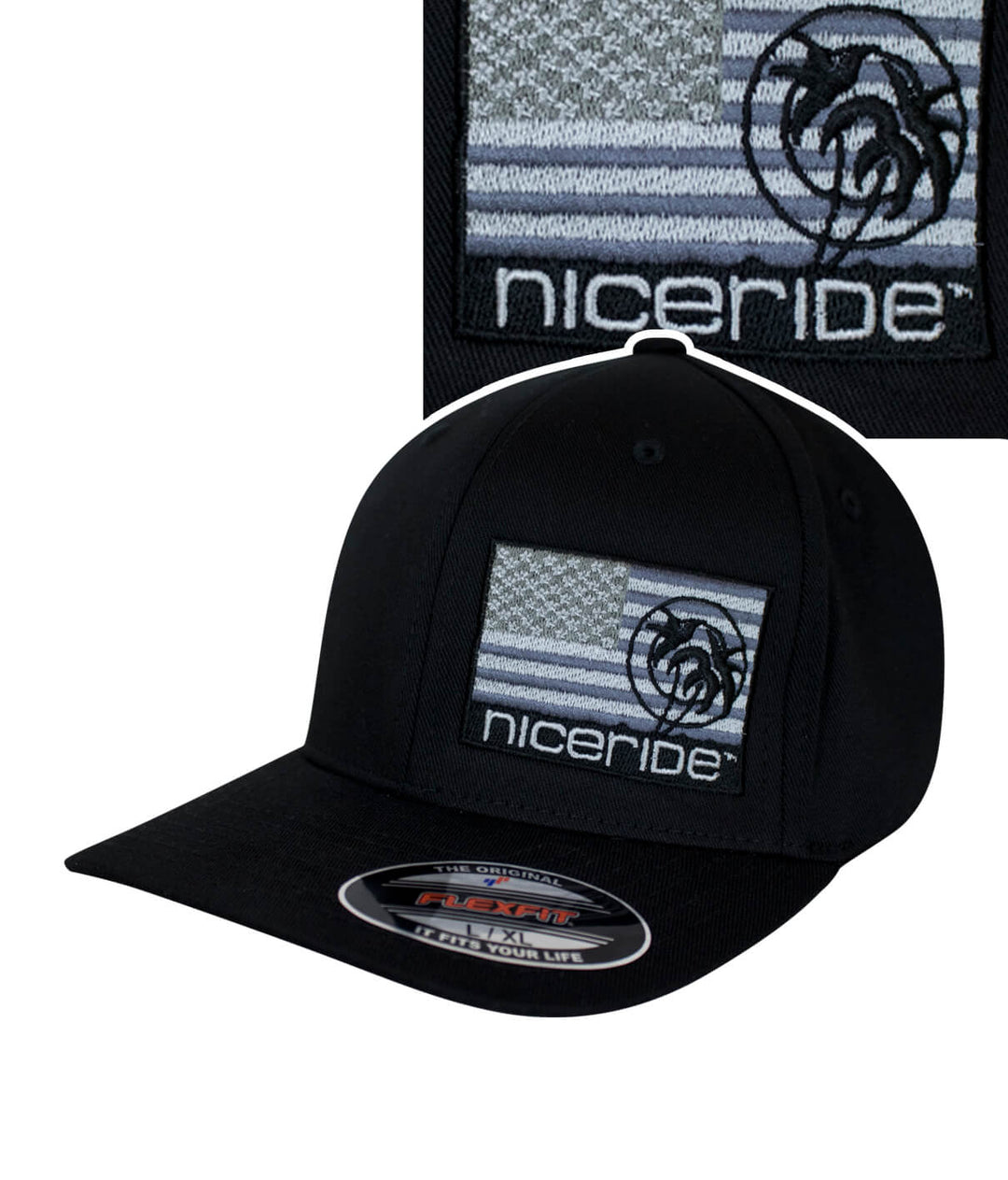 Strong - LP Classic Flexfit Hat with American flag design and NICERIDE embroidery.