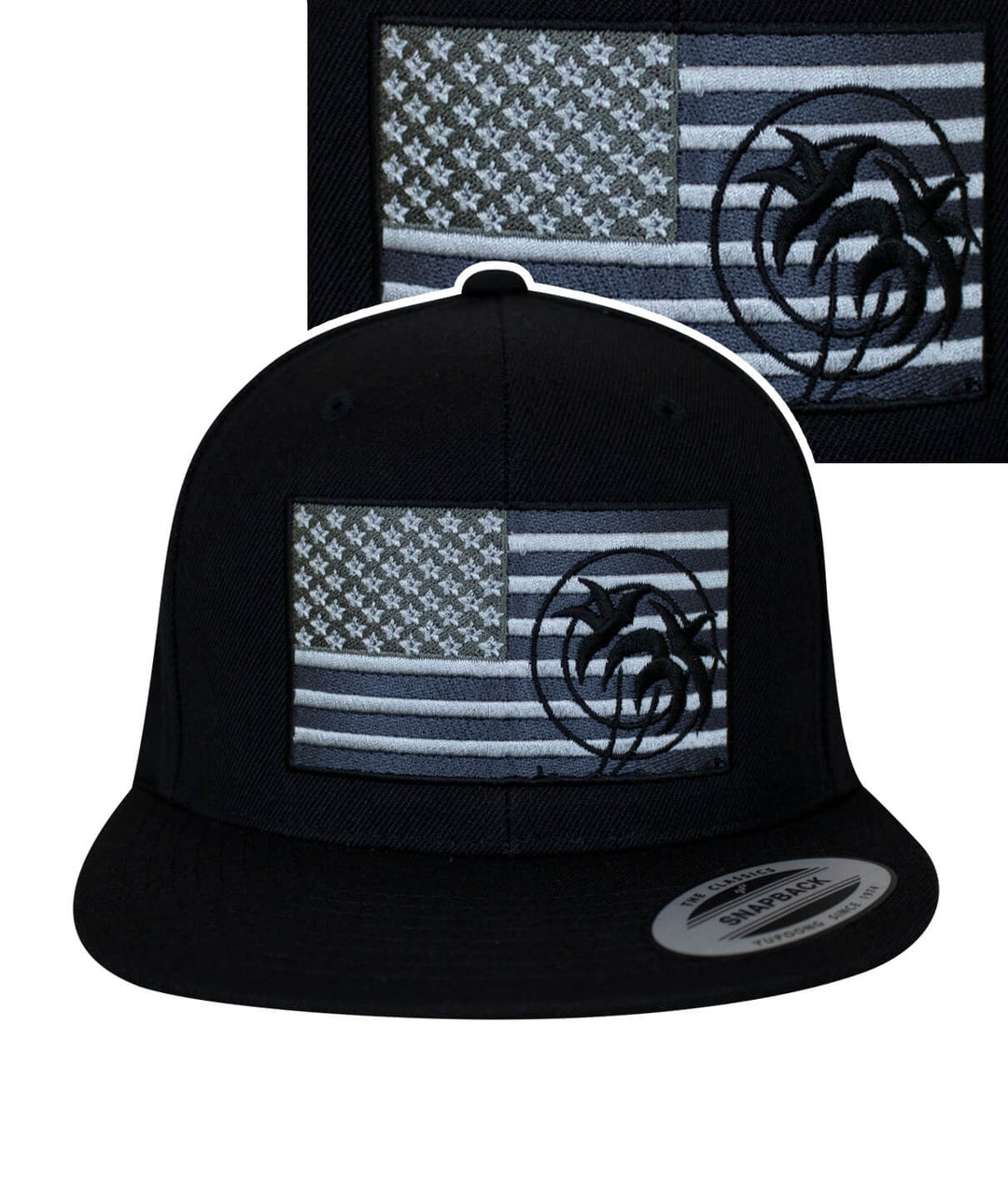 Black snapback hat featuring American flag design and NICERIDE logo, a stylish snapback hat for any occasion.