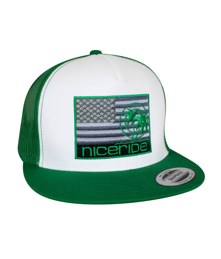 Niceride Strong hat featuring American flag and logo, green and white trucker cap.