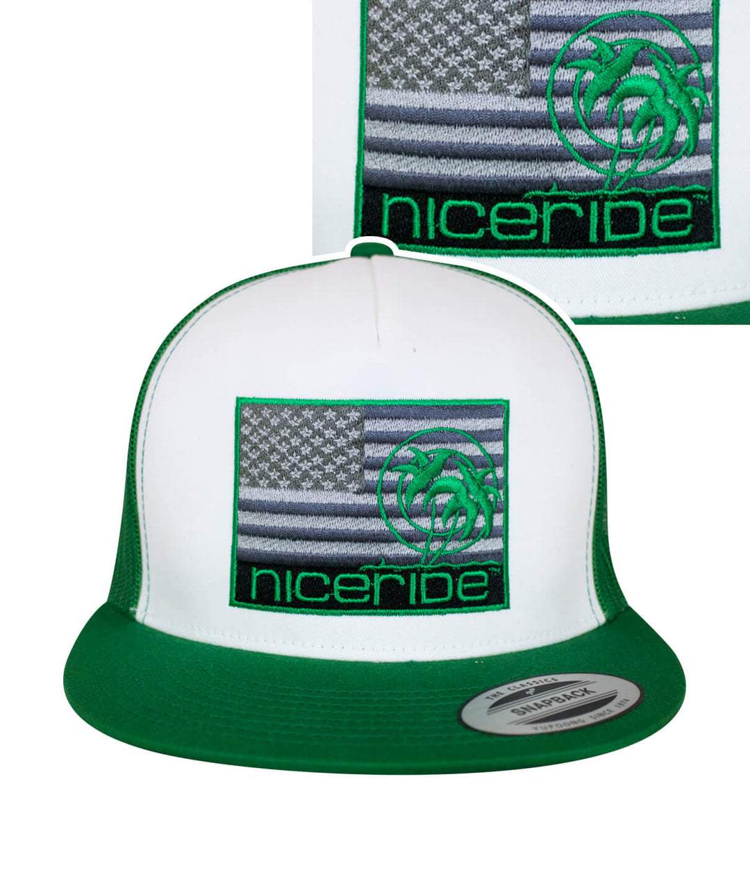 Niceride Strong Trucker Hat featuring American flag design and NICERIDE logo, perfect hat for outdoor adventures.