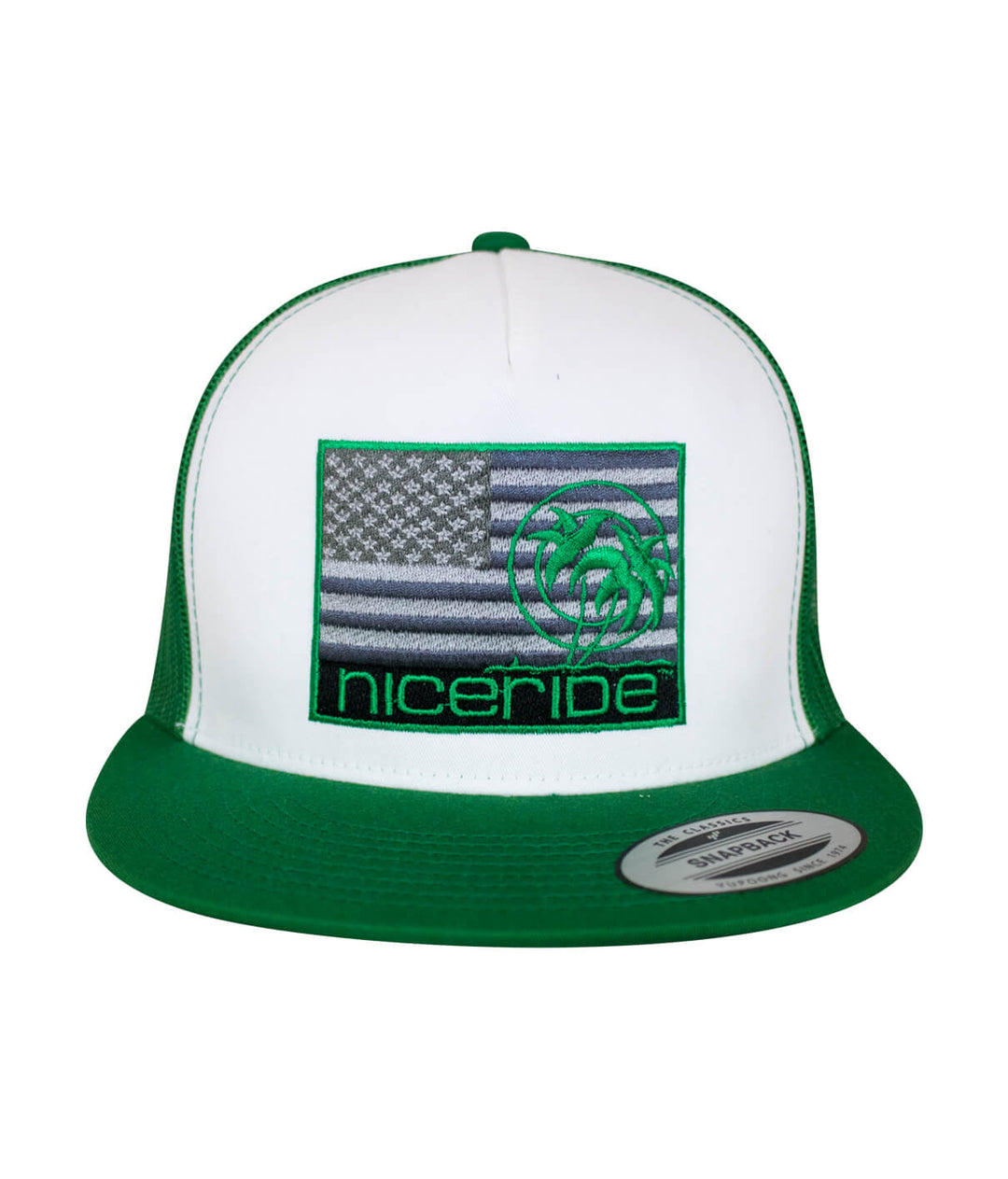 Niceride Strong trucker hat featuring American flag and NICERIDE logo, perfect hat for casual wear.