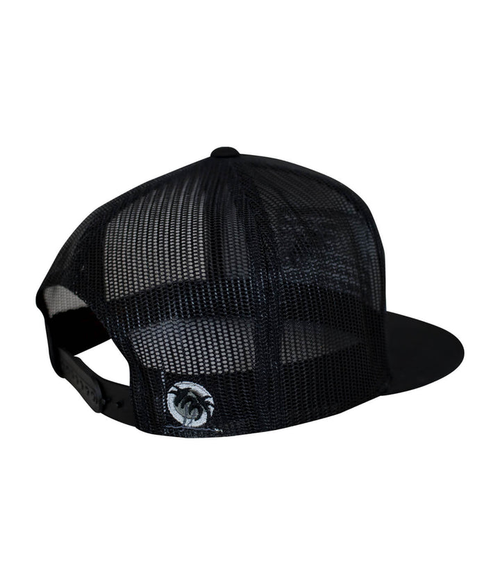 Back view of Niceride Strong trucker hat featuring black mesh and embroidered palm logo.