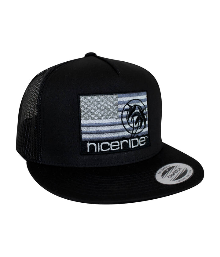 Niceride Strong trucker hat with American flag design and palm logo, perfect hat for outdoor enthusiasts.
