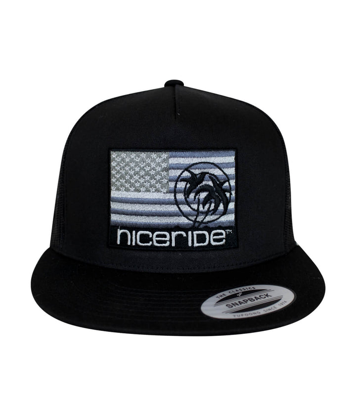 Niceride Strong hat featuring American flag and embroidered palm logo on a classic snapback trucker hat.