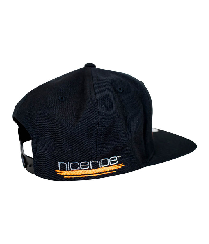Black snapback hat featuring NICERIDE logo embroidered on the back side, ideal for casual wear.