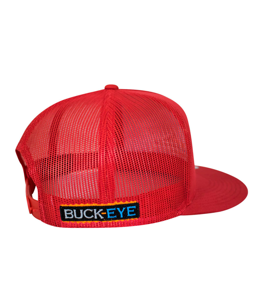 Back view of a red "Buck-Eye Glory" unisex snapback trucker hat showcasing the embroidered "BUCK-EYE" logo.