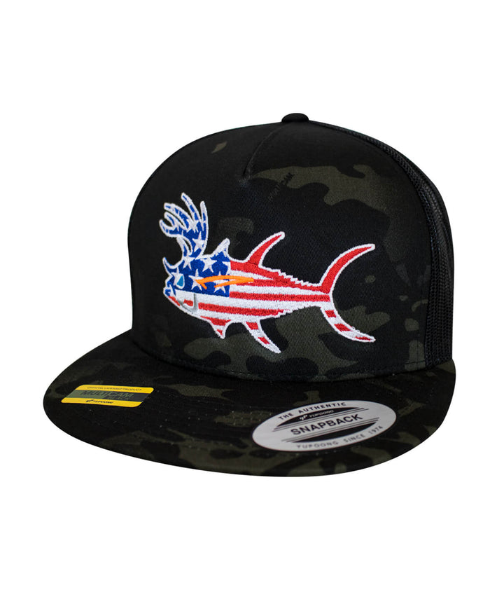 Buck-Eye Glory unisex snapback trucker hat with American flag fish design on black camo background.