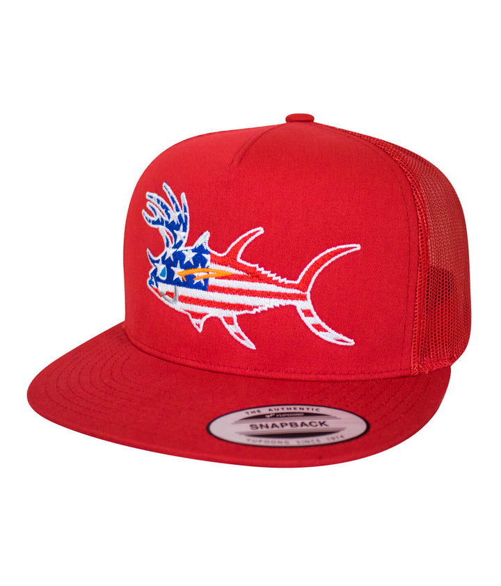 Buck-Eye Glory unisex snapback trucker hat with embroidered fish design and American flag colors.