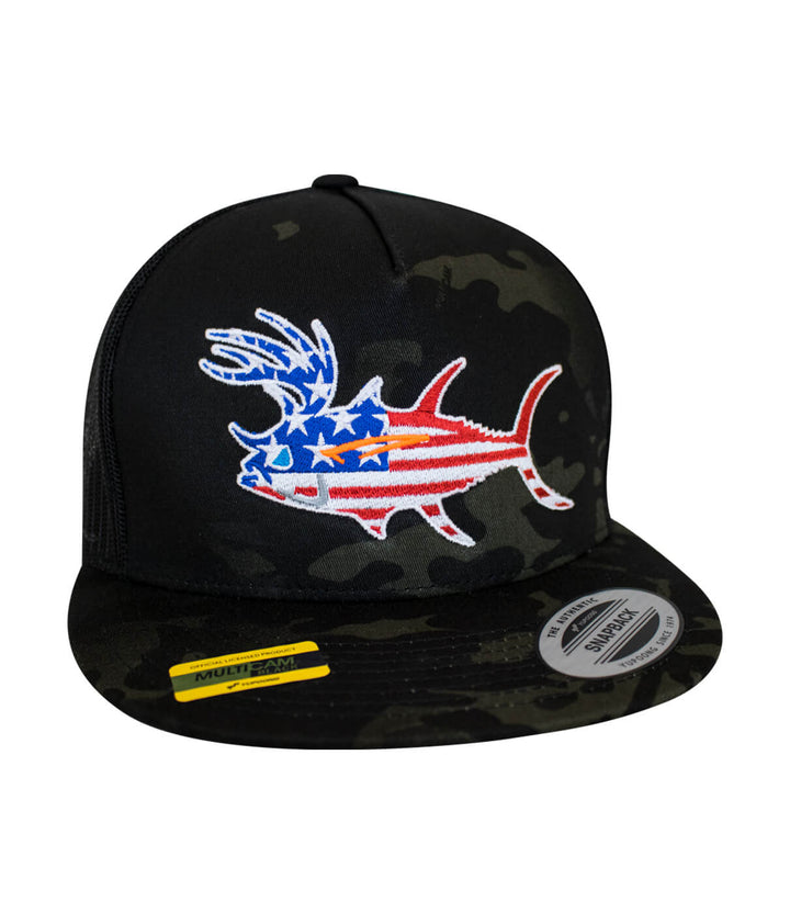 Buck-Eye Glory unisex snapback trucker hat featuring a patriotic fish design, perfect fishing hat.