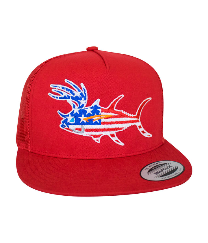 Buck-Eye Glory Unisex Snapback Trucker Hat with embroidered fish design in red and blue.