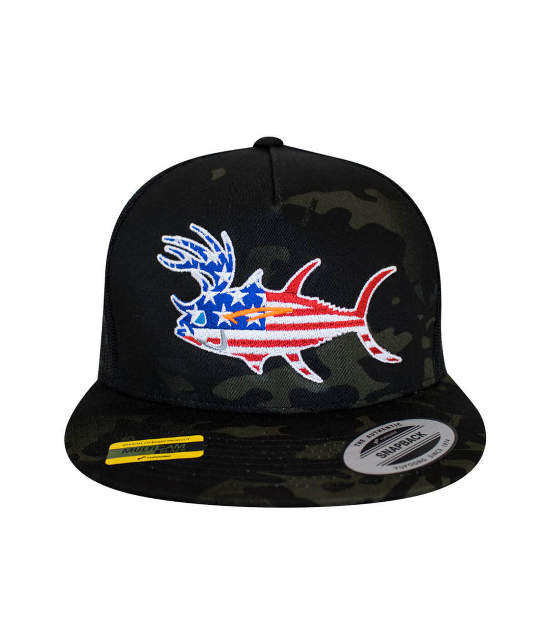 Buck-Eye Glory unisex snapback trucker hat with embroidered fish design and camo pattern.