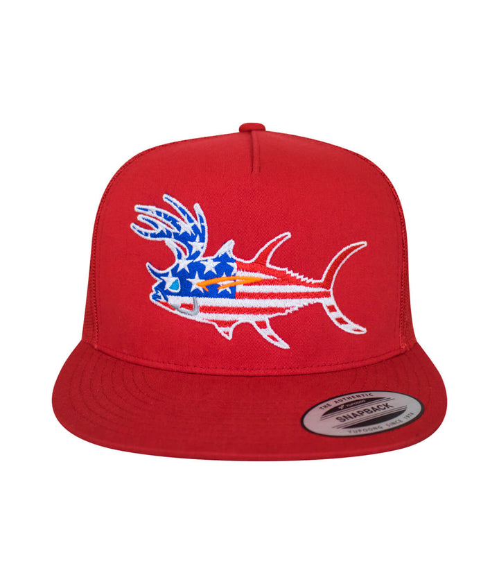 Red snapback trucker hat featuring an embroidered fish design with American flag colors, ideal for outdoor fishing activities.