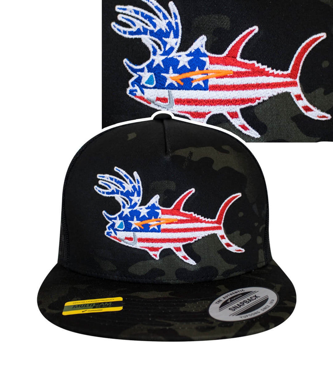 A camouflage cap with a red, white and blue fish embroidered on it.