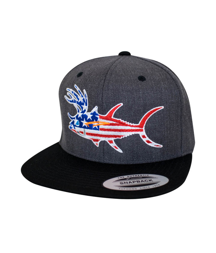 Buck-Eye Glory Unisex Flatbill Snapback Hat with embroidered fish design and American flag colors.
