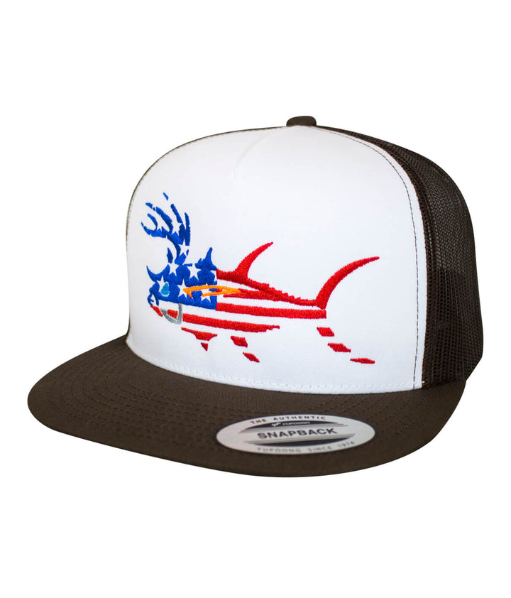 Buck-Eye Glory unisex snapback trucker hat with American flag fish design, perfect hat for fishing and outdoor activities.
