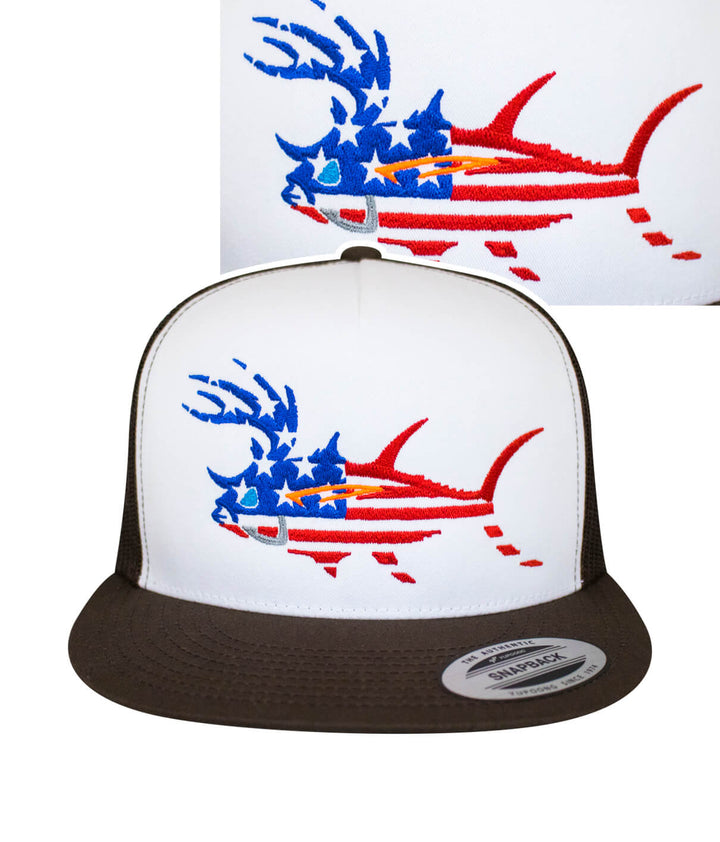 Buck-Eye Glory unisex snapback trucker hat featuring an embroidered patriotic fish design.