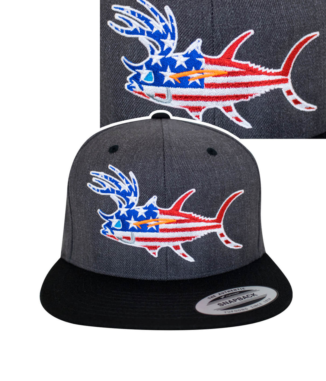 Buck-Eye Glory hat featuring an embroidered fish design with American flag colors on a flatbill snapback style.
