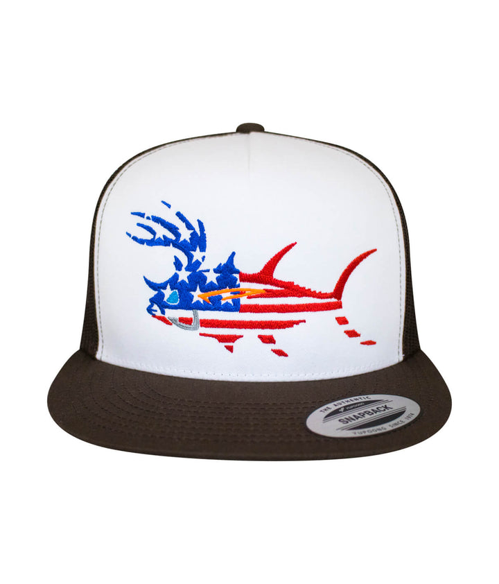 Buck-Eye Glory unisex snapback trucker hat featuring an embroidered design of a fish in red, white, and blue.