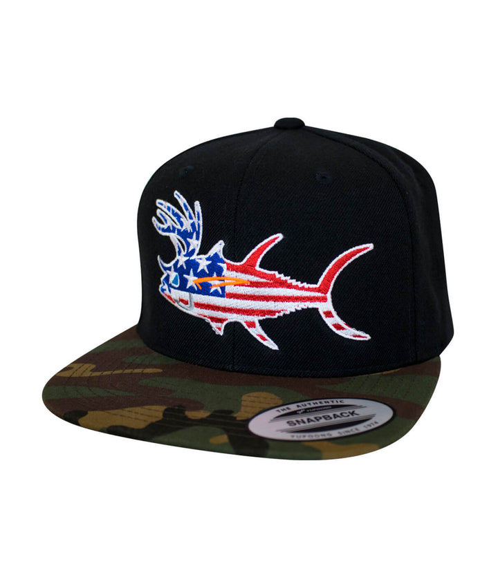 "Buck-Eye Glory" unisex flatbill snapback hat with embroidered fish design and camouflage brim.