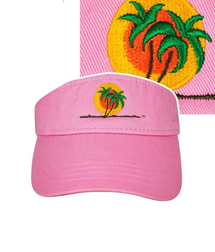 Classic Palm visor in pink featuring embroidered logo with palm trees and sun design.
