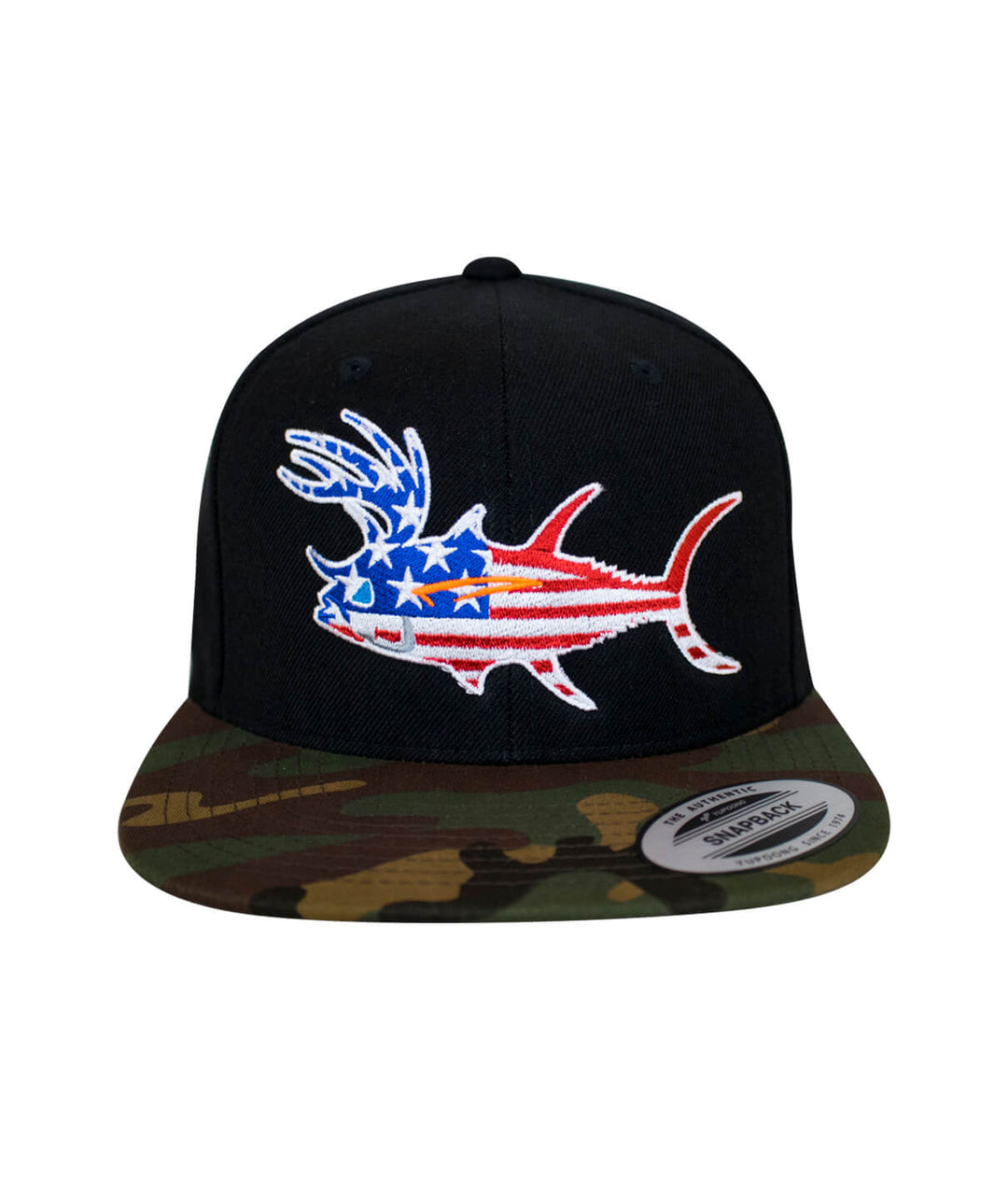 "Buck-Eye Glory" unisex flatbill snapback hat with an embroidered fish design, ideal fishing hat for summer activities.