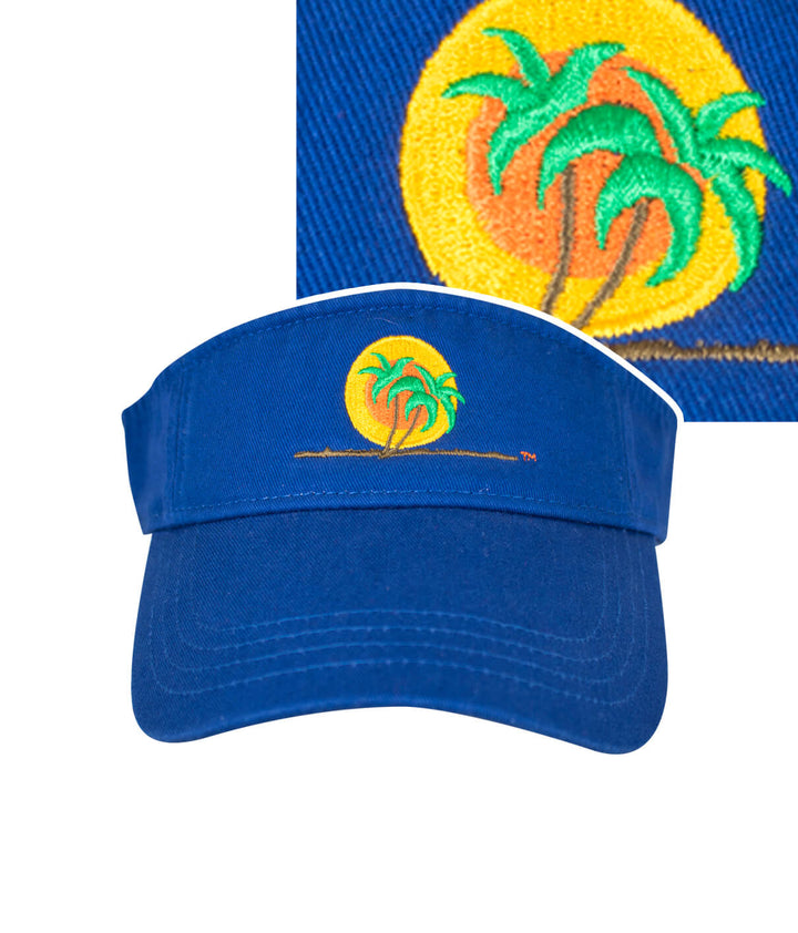 Classic Palm visor featuring embroidered palm trees and a sun design on a blue background.