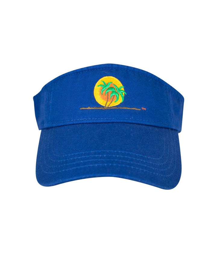 Classic Palm visor featuring an embroidered logo of palm trees and a sun on a blue cap.