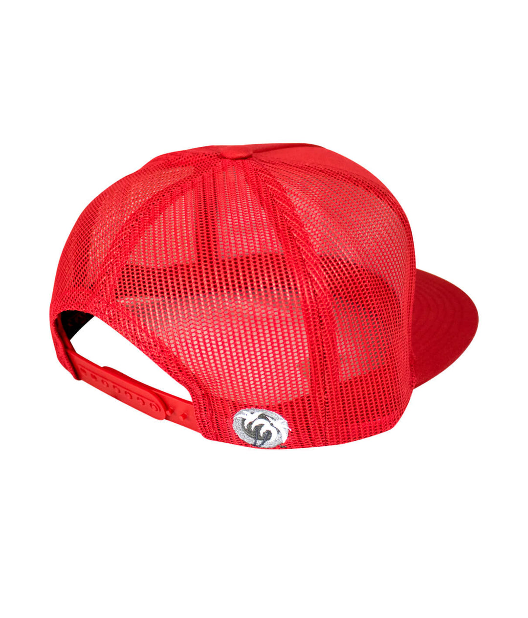 Back view of CR-Ride trucker hat showing red mesh and classic palm logo embroidered on the back.