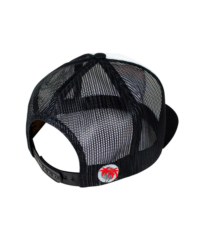 Back view of the Interstate 619 trucker cap, showcasing the black mesh design and embroidered palm logo.