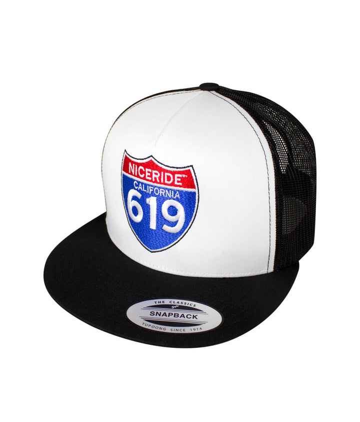 Interstate 619 trucker cap hat with NICERIDE logo, black and white design, snapback style