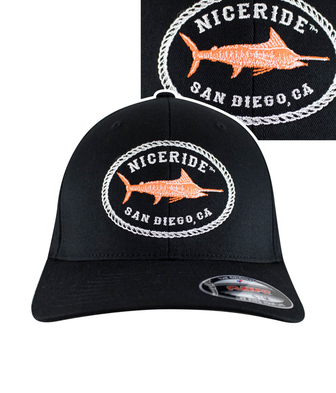 A black cap with a neon orange fish embroidered on it.