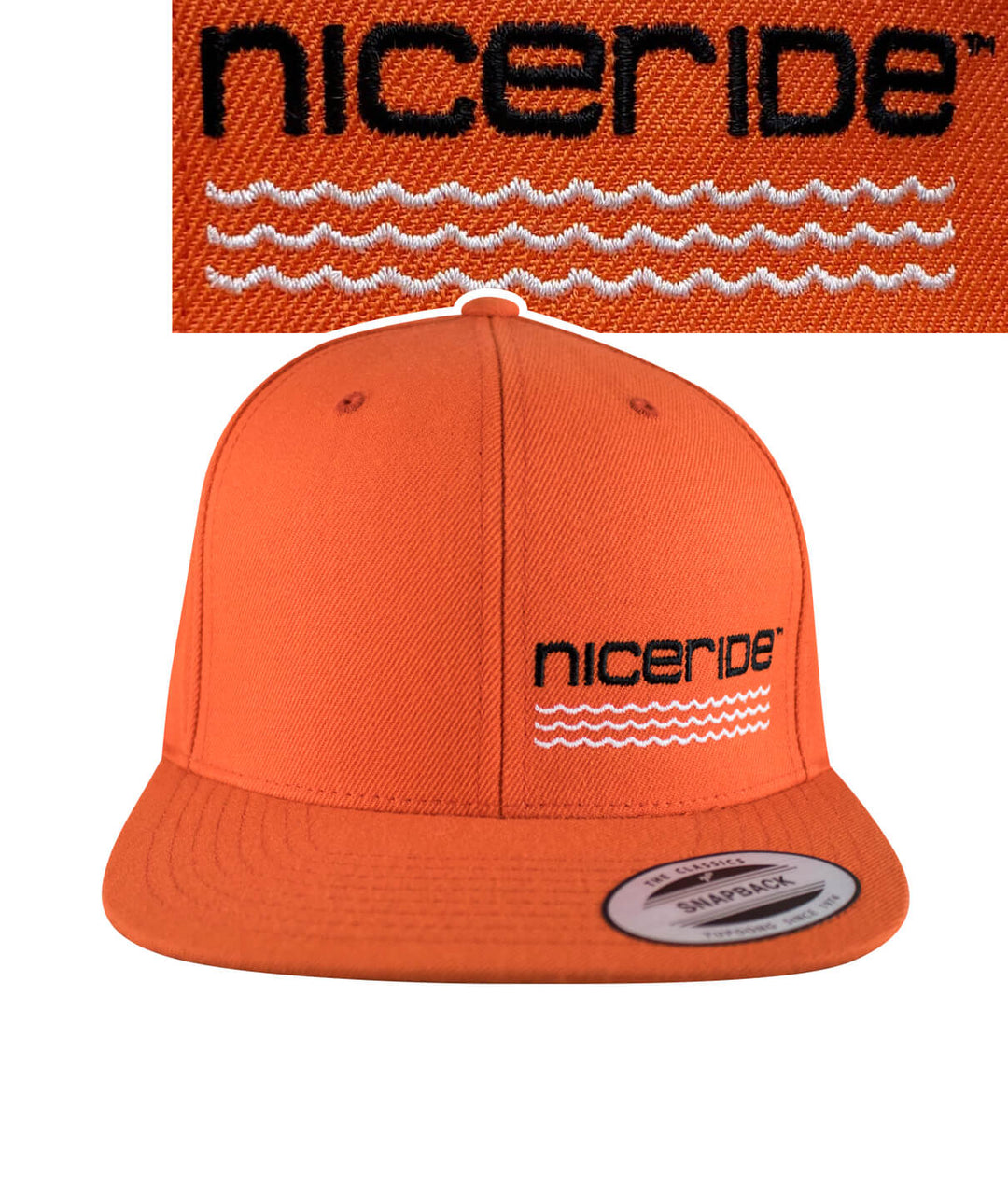 On The Water snapback hat by NICERIDE, featuring embroidered logo, orange cap, perfect for outdoor enthusiasts.