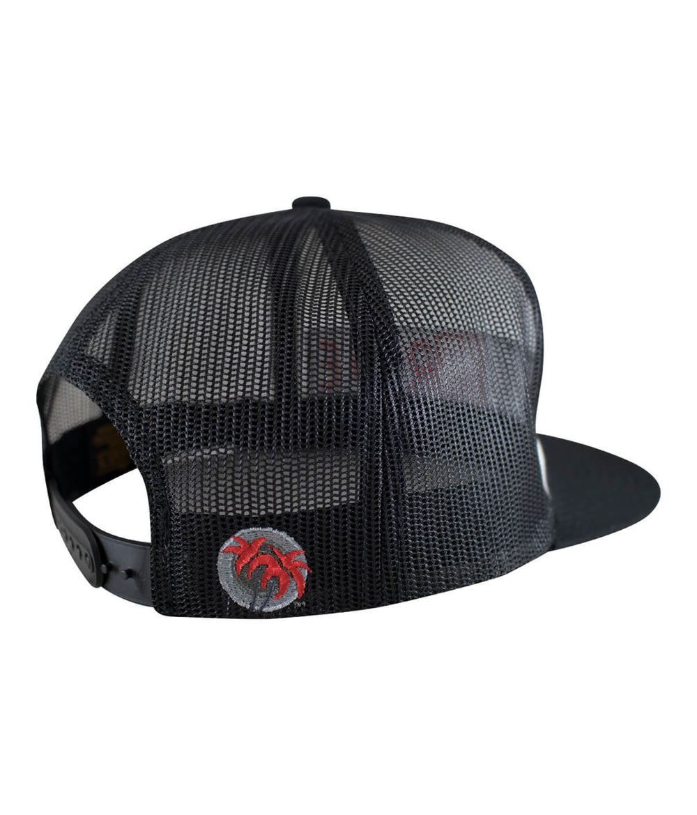 Back view of "The Middle" trucker hat featuring NICERIDE's pill logo, perfect hat for casual wear.