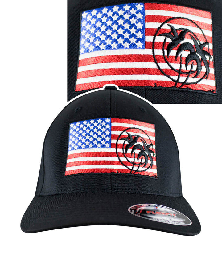 Pride Classic Flexfit Hat featuring American flag design and NICERIDE logo for displaying national pride.