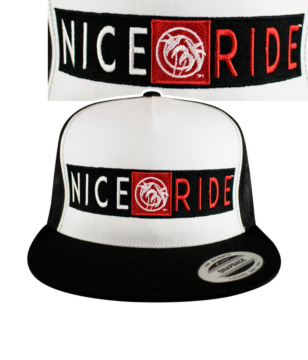 The Middle hat featuring NICERIDE logo embroidery on a classic black and white snapback trucker design.
