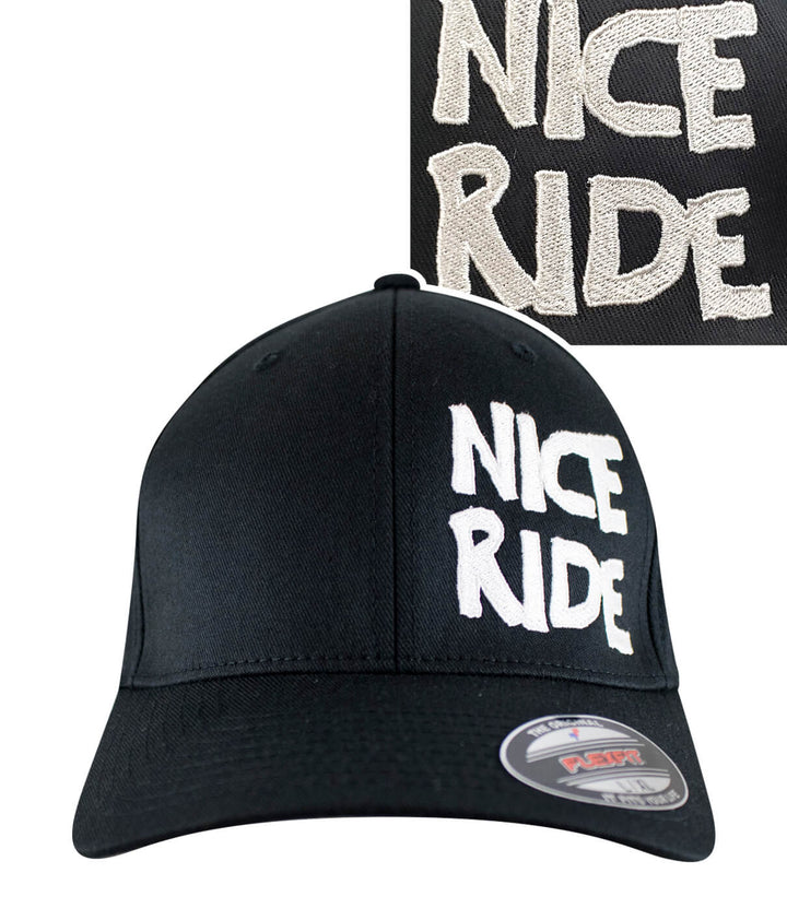 CR Ride Black Classic Flexfit Hat with embroidered NICE RIDE text on the front, cap designed for comfort and style.