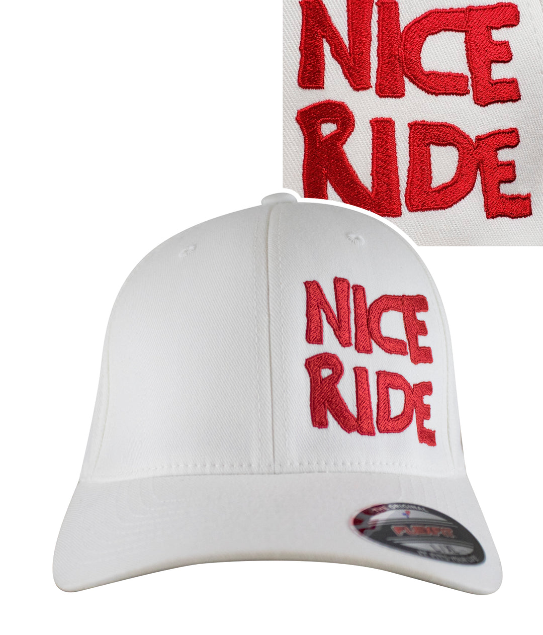 CR RIDE Classic Flexfit Baseball Cap featuring embroidered NICE RIDE design on a white hat.