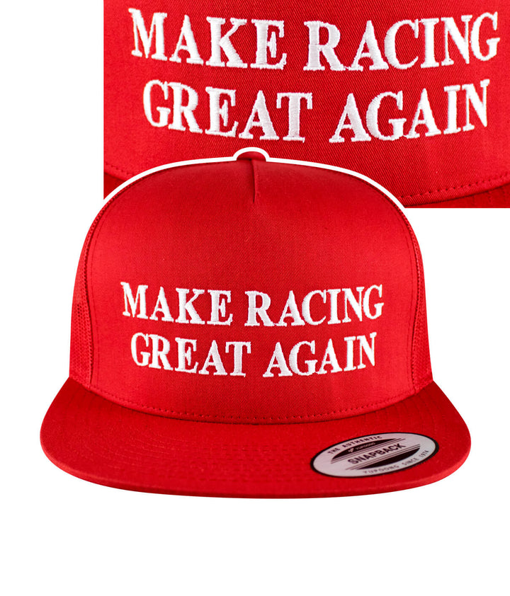 Make Racing Great Again trucker baseball hat with large white embroidery, front view.