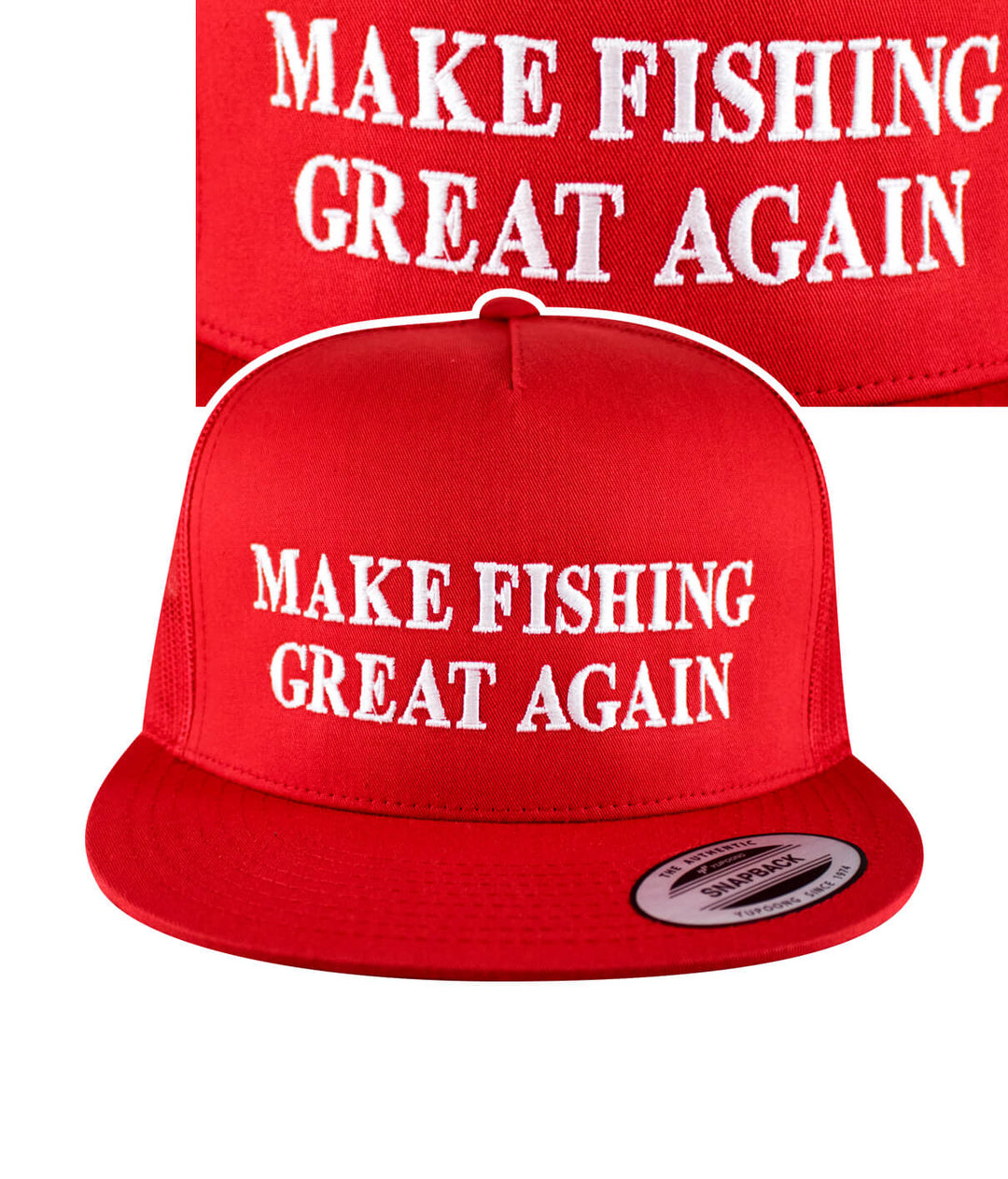 A red truker hat with the words make fishing great again embroidered on it.