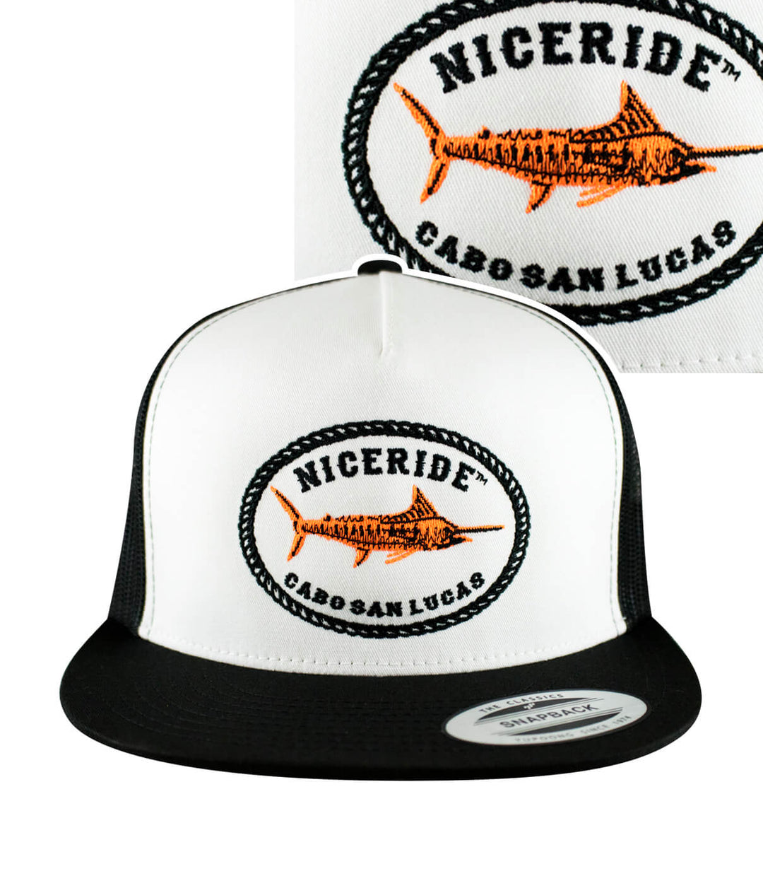 A black and white trucker hat with an orange fish embroidered on it.